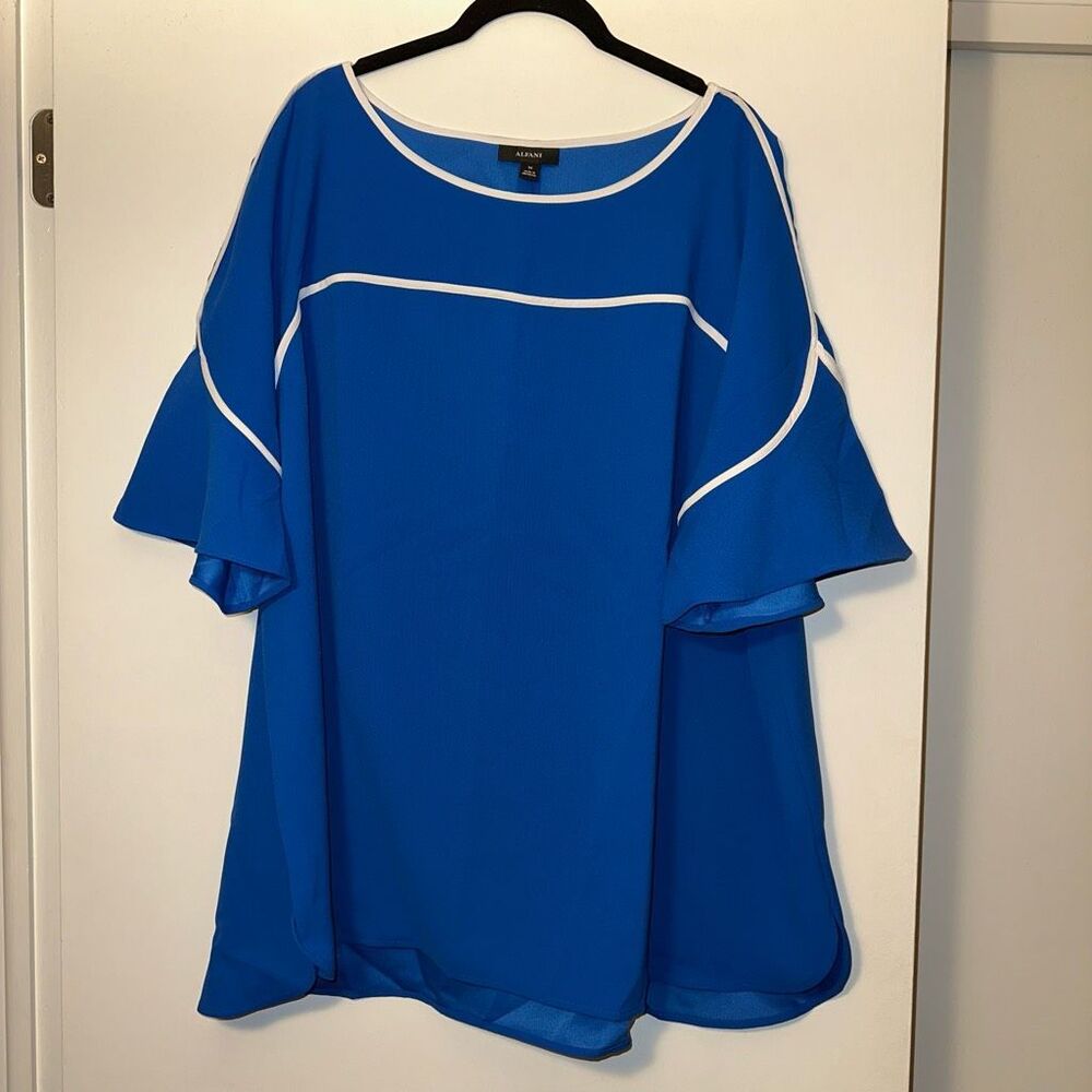 Alfani Women’s Cobalt Breeze Ruffle Sleeve Shirt Blue White 3XL NWT